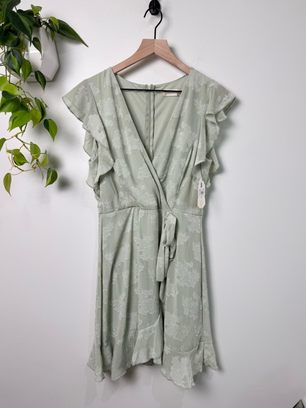 Altar'd State Pale Sage Green Floral Wrap Mini Dress